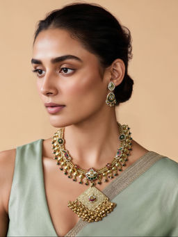 TAD Accessories - Gold Finish Necklace Set In Imitation Kundan And Semi Precious Stones