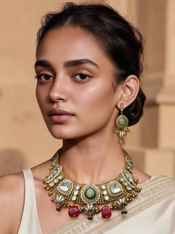 TAD Accessories - Multicolor Kundan Necklace With Pair Of Earrings