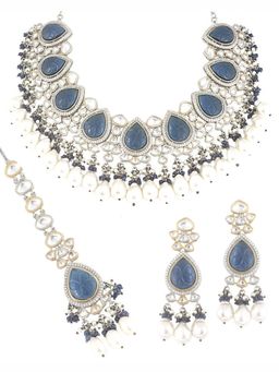 TAD Accessories - Blue Polki Necklace with Pair Of Earrings and Maang Tikka