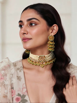 TAD Accessories - Gold Finish Necklace Set In Imitation Kundan And Semi Precious Stones