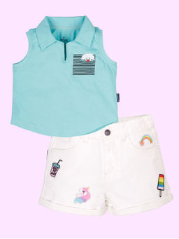 KiddoPanti - Cropped Polo Tee and Ice Cream Patch Denim Shorts Multi-Color (Set of 2)