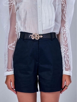 Prot Official - Navy Blue Solid High Waist Shorts