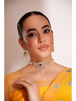 Zevar By Geeta - Gold Sindoori Kundan Choker with Pair Of Earrings