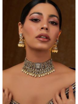 Zevar By Geeta - Blue Mohika Pearl Kundan Choker with Pair Of Earrings