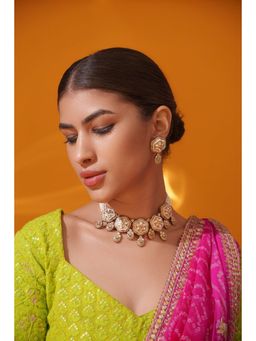 Zevar By Geeta - Gold Ridhani Polki Necklace with Pair Of Earrings