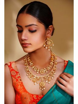 Zevar By Geeta - Gold Elena Moissanite Necklace and Pair Of Earrings