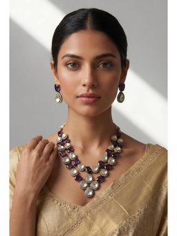 Zevar By Geeta - Purple Geshna Amethyst Polki Necklace and Pair Of Earrings