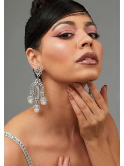 Zevar By Geeta - White Windsor Pearl Drop Diamond Statement Danglers Earrings