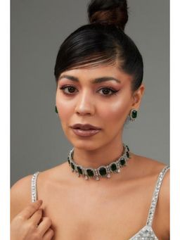 Zevar By Geeta - Naira Green Emerald Diamond Choker with Pair Of Earrings
