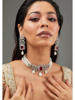 Zevar By Geeta - Tina Red Ruby Diamond Choker with Pair Of Earrings