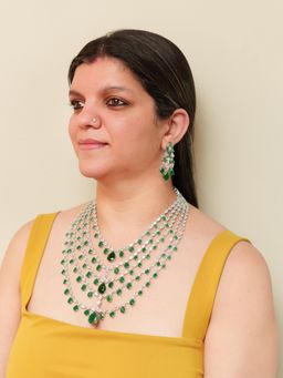Zevar By Geeta - Rama Green Emerald Diamond Necklace with Pair Of Earrings
