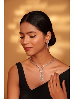 Zevar By Geeta - White Shenil Diamond Necklace and Pair Of Earrings
