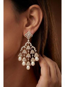 Zevar By Geeta - White Evra Pearl Drop Diamond Danglers Earrings