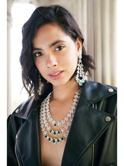 Zevar By Geeta - Falak Diamond Green Necklace with Pair Of Earrings