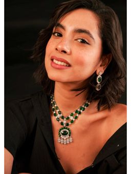 Zevar By Geeta - Alyssa Diamond Green Necklace with Pair Of Earrings