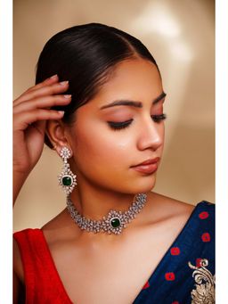 Zevar By Geeta - Nisha Green Emerald Diamond Necklace and Pair Of Earrings