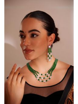Zevar By Geeta - Barsha Green Emerald Diamond Necklace and Pair Of Earrings