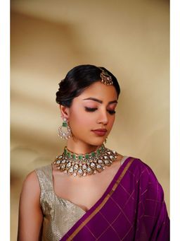 Zevar By Geeta - Zubaida Green Polki Necklace with Pair Of Earrings and Maang Tikka