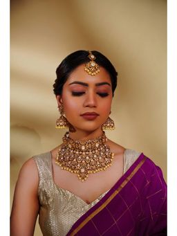 Zevar By Geeta - Gold Hema Polki Necklace and Pair Of Earrings with Maang Tikka