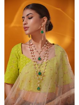 Zevar By Geeta - Green Trivisha Polki Necklace and Pair Of Earrings