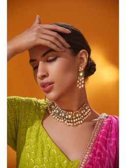 Zevar By Geeta - Arunika Green Polki Necklace and Pair Of Earrings
