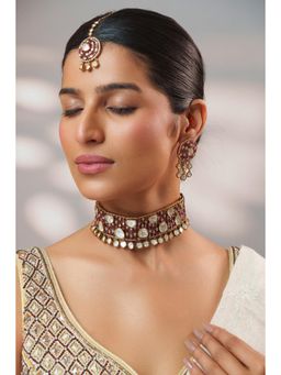Zevar By Geeta - Arena Pink Polki Choker with Pair Of Earrings and Maangtika