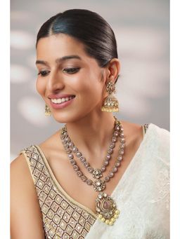 Zevar By Geeta - Riza Pink Polki Necklace and Pair Of Earrings