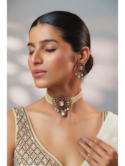 Zevar By Geeta - Kayra Pink Polki Choker with Pair Of Earrings