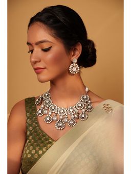 Zevar By Geeta - White Ezara Polki Necklace and Pair Of Earrings