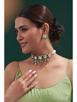 Zevar By Geeta - Charita Polki White Choker with Pair Of Earrings