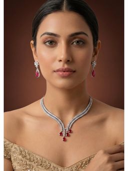 Zevar By Geeta - Jeshna Pink Ruby Diamond Necklace and Pair Of Earrings