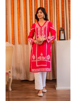 HOUSE OF KARI - Saba Chikankari Long Kurta In Muslin - Pink