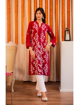 HOUSE OF KARI - Saba Chikankari Long Kurta In Rayon Cotton - Burgundy