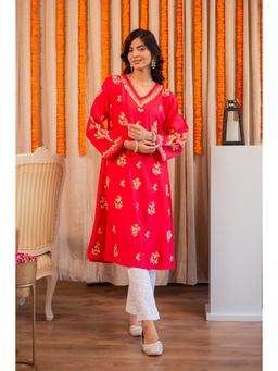 HOUSE OF KARI - Saba Modal Silk Kurta In Red with White Zari Embroidery
