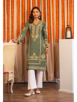 HOUSE OF KARI - Saba Chikankari Long Kurta In Muslin - Bottle Green