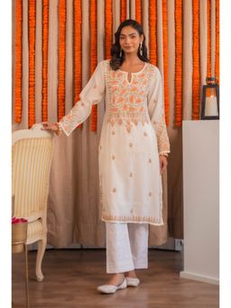 HOUSE OF KARI - Saba Chikankari Long Kurta In Modal Silk - Off White with Coloured Embroidery