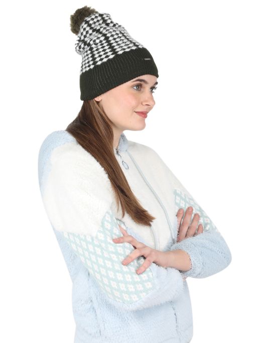 Buy Monte Carlo Women Wool Olive Self Design Beanie Cap Online - Main Image