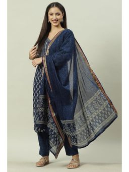 Biba - Blue Cotton Unstitched Suit (Set of 3)