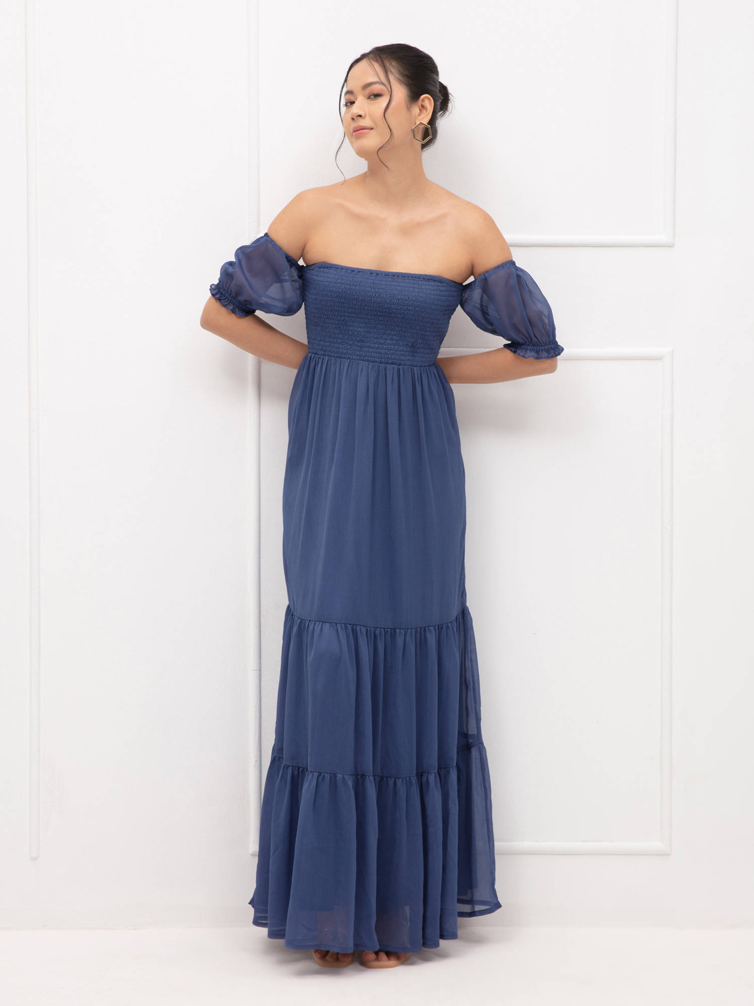 Blue Solid Off Shoulder Maxi Dress