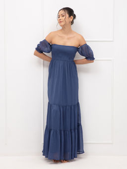 Twenty Dresses by Nykaa Fashion - Blue Solid Off Shoulder Maxi Dress