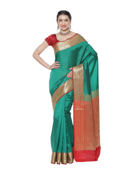 Banarasi Silk Works - Green Valkalam Katan Silk Anchal Saree with Unstitched Blouse