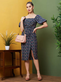 Globus - Women Navy Floral Print Square Neck Puff Sleeves Ruched Smocked Front Slit Midi Sheath Dress