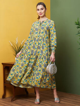 Globus - Women Multi Yellow Allover Tropical Printed Tired Fit & Flare Midi Dress