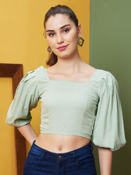 Globus - Women Green Printed Casual Square Neck Crop Top
