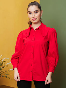 Globus - Women Red Frill Collar Cuffed Sleeve Shirt Style Top