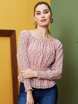 Globus - Women Pink Printed Casual Square Neck Peplum Top