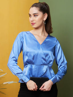 Globus - Women Blue Solid Party V-Neck Wrap Top