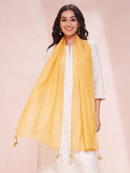 Fabindia - Women Mustard Embroidered Cotton Silk Stole