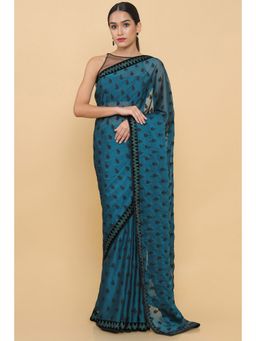 Soch - Women Teal Embroidered Saree with Unstitched Blouse