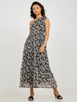 Styli - Multi-color One Shoulder Neck Tie Detail Floral Print Maxi Dress